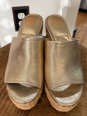 Vince Camuto Metallic Gold Open-Toe Cork Wedge Mules